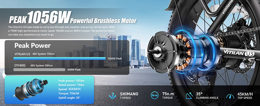 Vitilan U3 Electric Bike, 750W Motor, 48V 13AH Battery, 20*4.0-inch Tires, 45km/h Max Speed, 65km Max Range, Mechanical Disc Brake, Suspension Front Fork, Shimano 7 Speed, LCD Display - Black