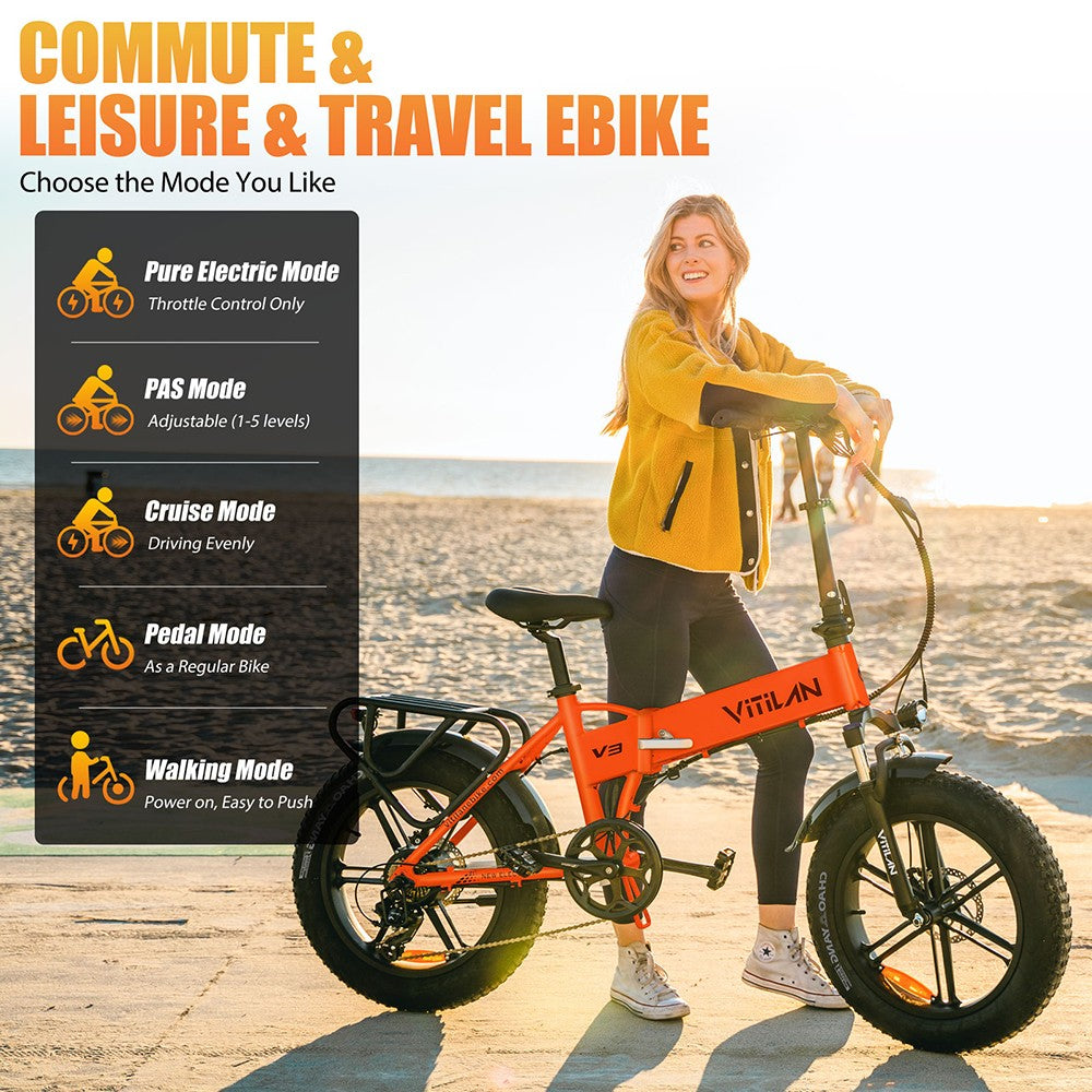 Vitilan V3 2.0 Electric Bike, 750W Motor, 48V 13Ah Battery, 26*4.0-inch CST Fat Tires, 45km/h Max Speed, 73km Range, Hydraulic Disc Brake, Suspension Front Fork, Shimano 7-speed, Color Display - Black