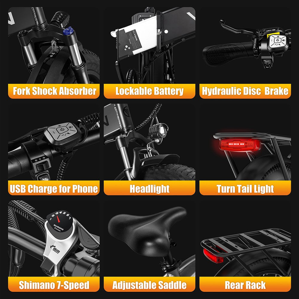 Vitilan V3 2.0 Electric Bike, 750W Motor, 48V 13Ah Battery, 26*4.0-inch CST Fat Tires, 45km/h Max Speed, 73km Range, Hydraulic Disc Brake, Suspension Front Fork, Shimano 7-speed, Color Display - Black