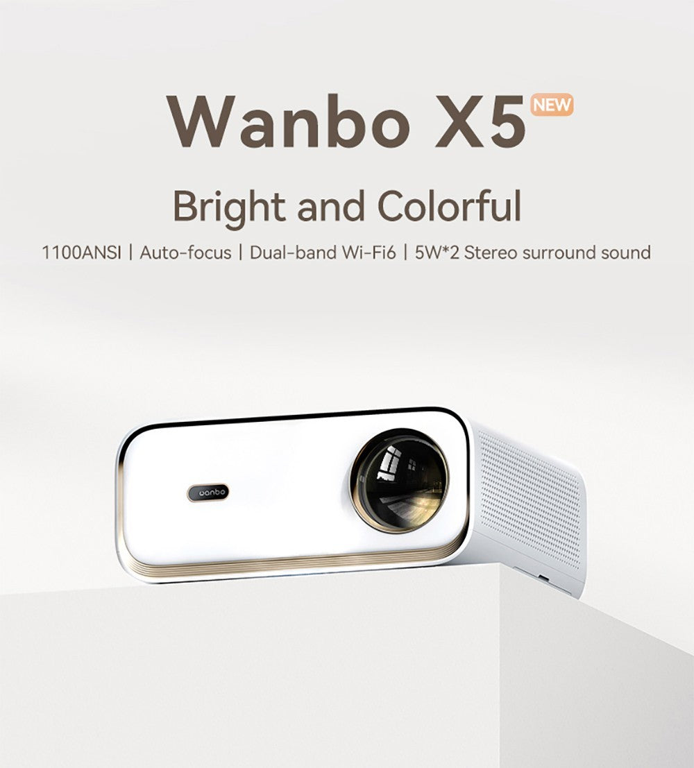 Wanbo X5 Projector, 1100 ANSI Lumens, Native1080P, Auto-keystone Correction, Dual-band WiFi 6, 1GB/16GB, Bluetooth 5.0