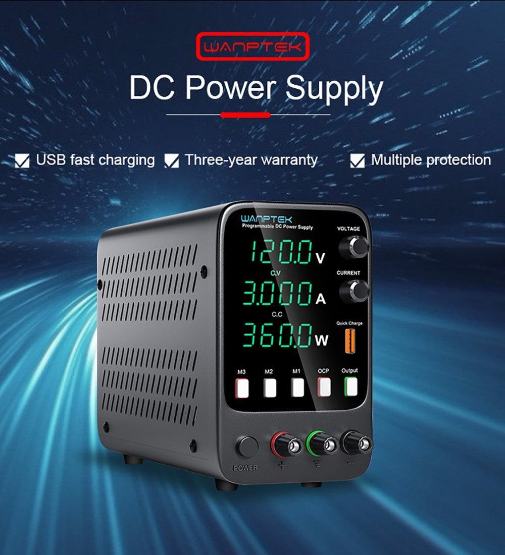 WANPTEK APS1203H Programmable Regulated DC Power Supply, 120V 3A, Storage Memory Function, Encoder Adjustment, USB Fast Charge, 4-Digit Display, Low Ripple, Cooling Fan - UK Plug