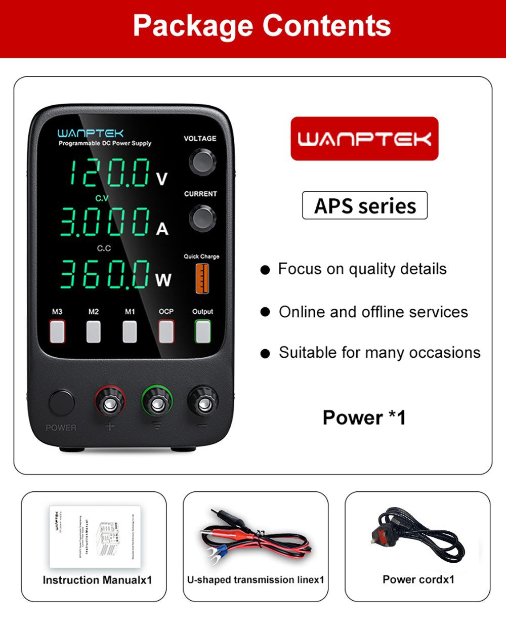 WANPTEK APS1203H Programmable Regulated DC Power Supply, 120V 3A, Storage Memory Function, Encoder Adjustment, USB Fast Charge, 4-Digit Display, Low Ripple, Cooling Fan - UK Plug