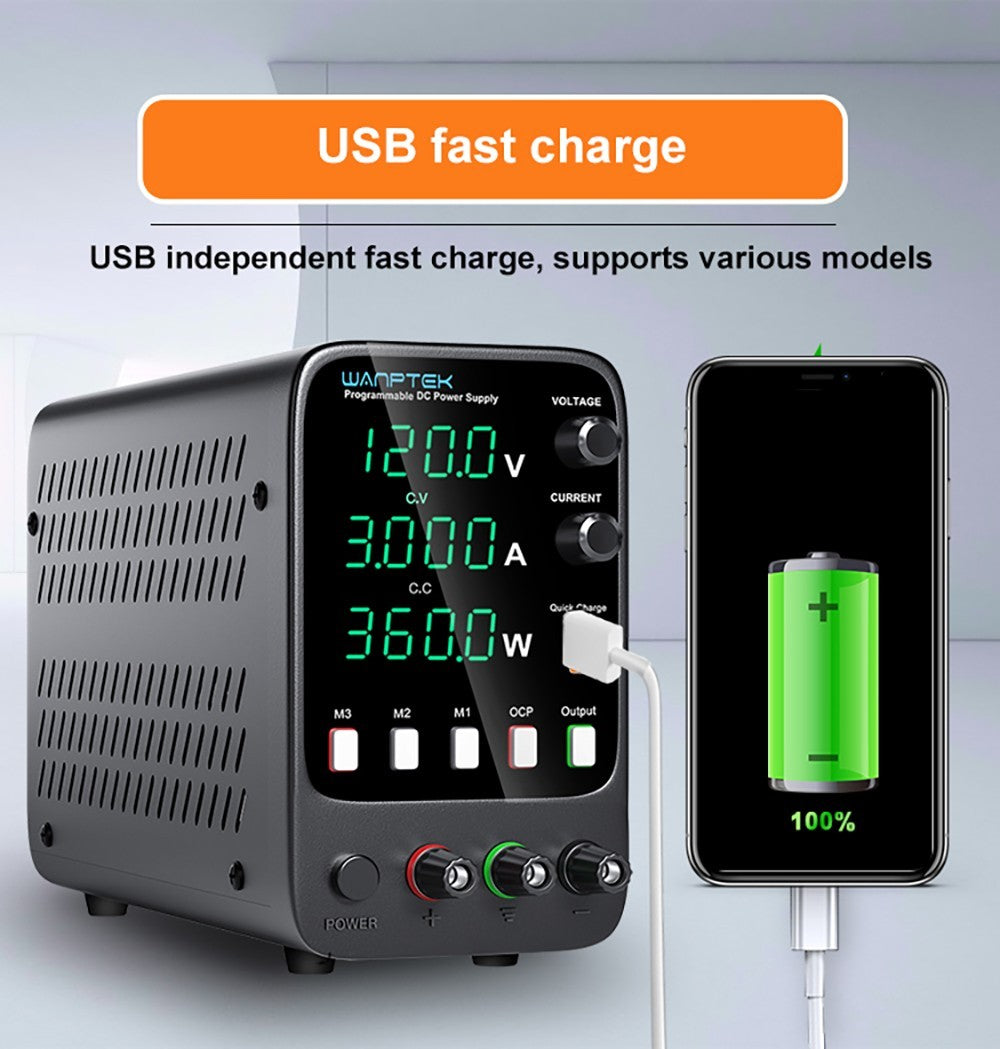 WANPTEK APS1203H Programmable Regulated DC Power Supply, 120V 3A, Storage Memory Function, Encoder Adjustment, USB Fast Charge, 4-Digit Display, Low Ripple, Cooling Fan - UK Plug
