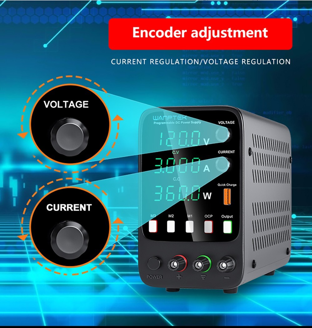 WANPTEK APS1203H Programmable Regulated DC Power Supply, 120V 3A, Storage Memory Function, Encoder Adjustment, USB Fast Charge, 4-Digit Display, Low Ripple, Cooling Fan - UK Plug