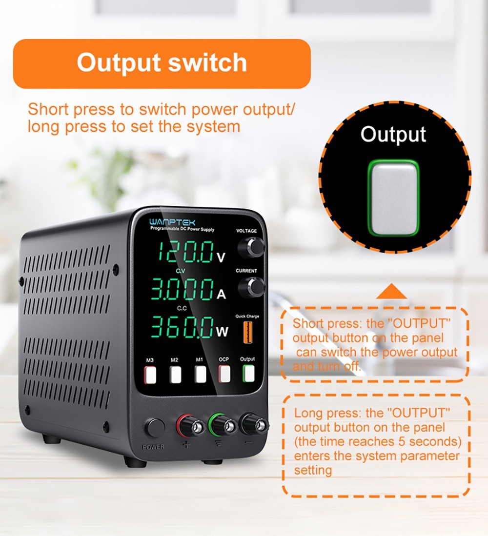 WANPTEK APS1203H Programmable Regulated DC Power Supply, 120V 3A, Storage Memory Function, Encoder Adjustment, USB Fast Charge, 4-Digit Display, Low Ripple, Cooling Fan - UK Plug