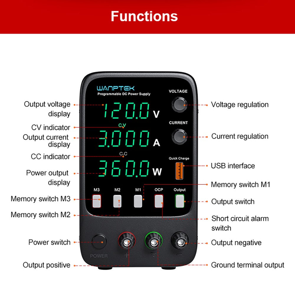 WANPTEK APS1203H Programmable Regulated DC Power Supply, 120V 3A, Storage Memory Function, Encoder Adjustment, USB Fast Charge, 4-Digit Display, Low Ripple, Cooling Fan - UK Plug