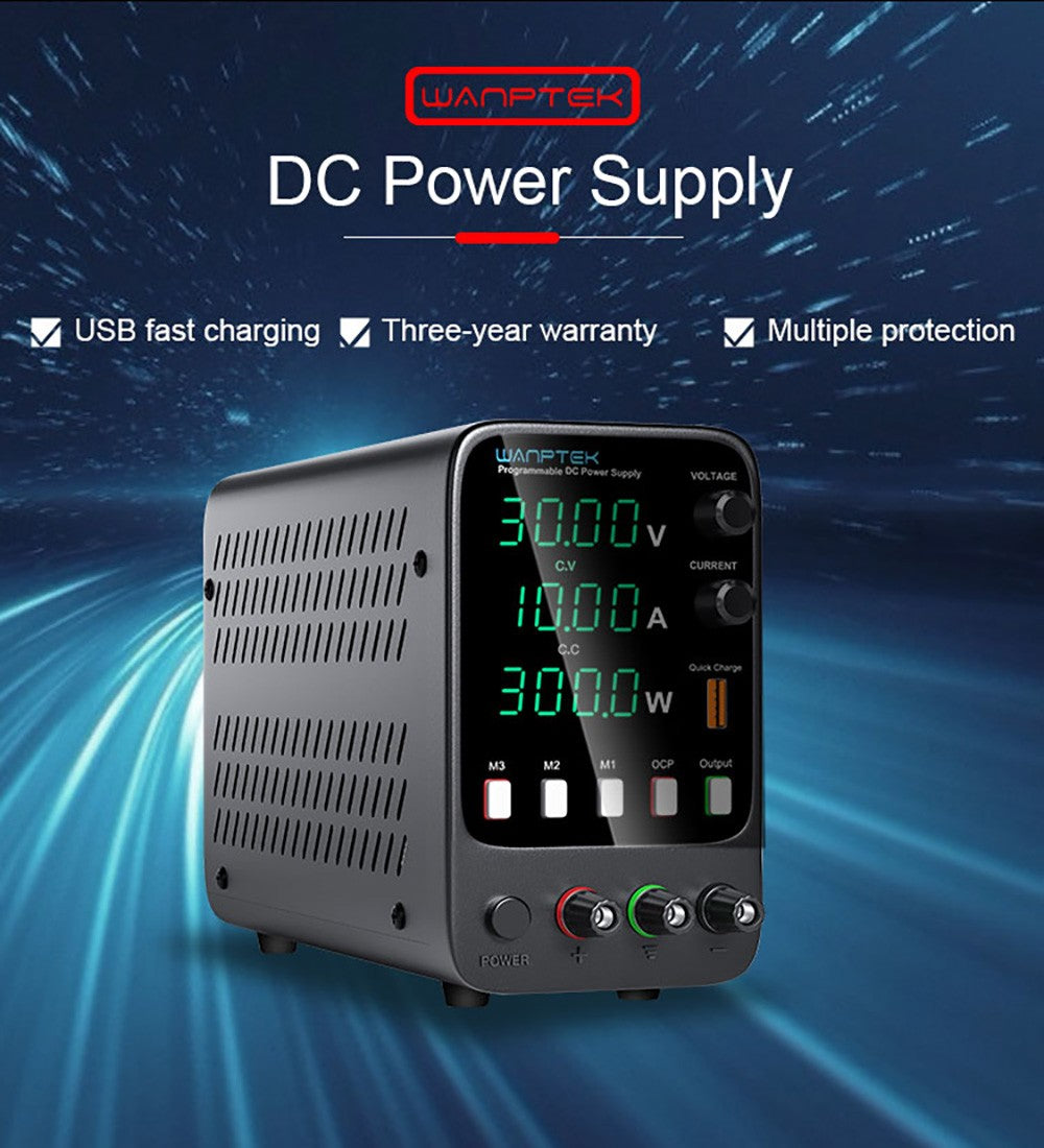 WANPTEK APS3010H Programmable Regulated DC Power Supply, 30V 10A, Storage Memory Function, Encoder Adjustment, USB Fast Charge, 4-Digit Display, Low Ripple, Cooling Fan - US Plug