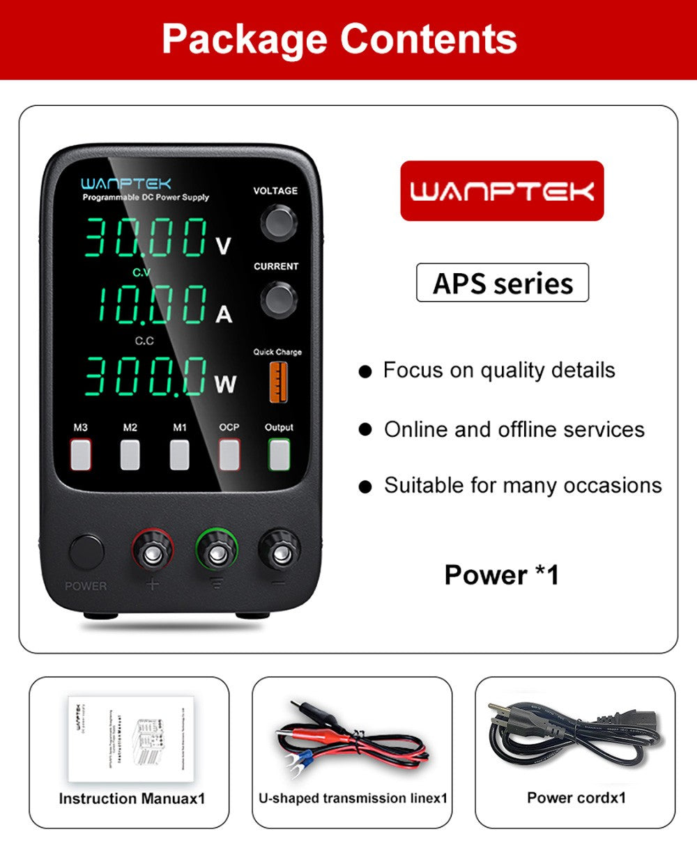 WANPTEK APS3010H Programmable Regulated DC Power Supply, 30V 10A, Storage Memory Function, Encoder Adjustment, USB Fast Charge, 4-Digit Display, Low Ripple, Cooling Fan - US Plug