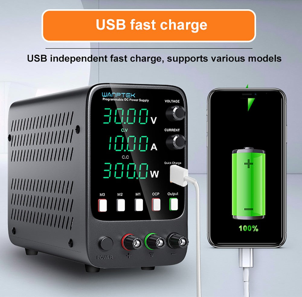 WANPTEK APS3010H Programmable Regulated DC Power Supply, 30V 10A, Storage Memory Function, Encoder Adjustment, USB Fast Charge, 4-Digit Display, Low Ripple, Cooling Fan - US Plug