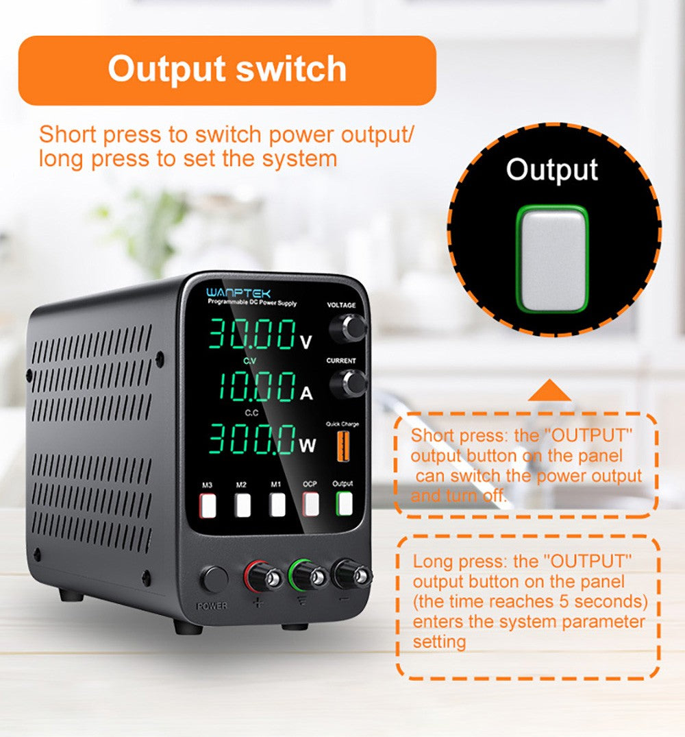 WANPTEK APS3010H Programmable Regulated DC Power Supply, 30V 10A, Storage Memory Function, Encoder Adjustment, USB Fast Charge, 4-Digit Display, Low Ripple, Cooling Fan - US Plug