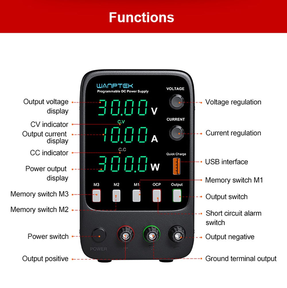 WANPTEK APS3010H Programmable Regulated DC Power Supply, 30V 10A, Storage Memory Function, Encoder Adjustment, USB Fast Charge, 4-Digit Display, Low Ripple, Cooling Fan - US Plug