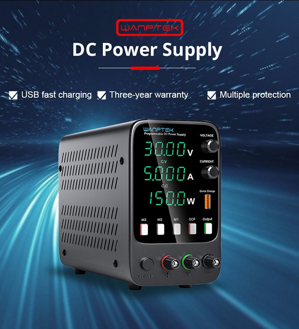 Wanptek APS305H Programmable Regulated DC Power Supply, 30V 5A, Storage Memory Function, Encoder Adjustment, USB Fast Charge, 4-Digit Display, Low Ripple, Cooling Fan Black - EU Plug