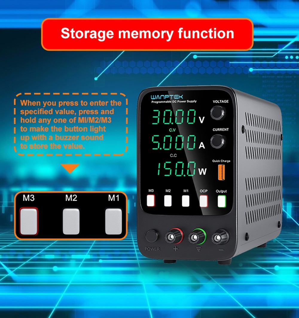 Wanptek APS305H Programmable Regulated DC Power Supply, 30V 5A, Storage Memory Function, Encoder Adjustment, USB Fast Charge, 4-Digit Display, Low Ripple, Cooling Fan Black - EU Plug