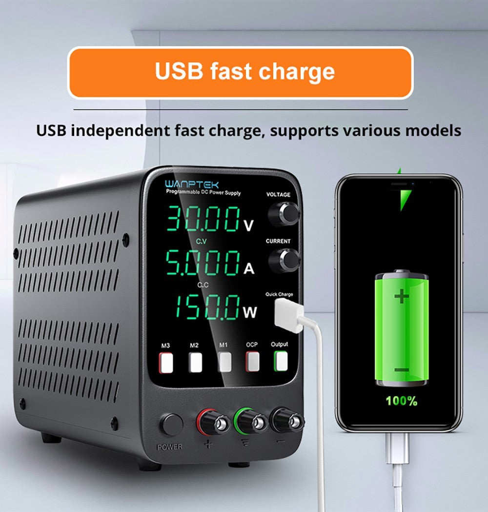 Wanptek APS305H Programmable Regulated DC Power Supply, 30V 5A, Storage Memory Function, Encoder Adjustment, USB Fast Charge, 4-Digit Display, Low Ripple, Cooling Fan Black - EU Plug