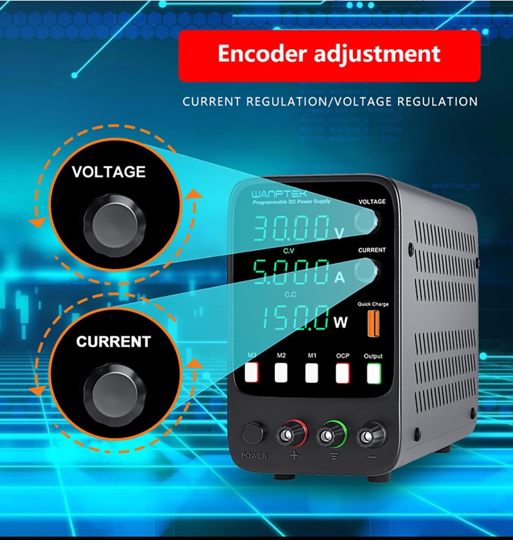 Wanptek APS305H Programmable Regulated DC Power Supply, 30V 5A, Storage Memory Function, Encoder Adjustment, USB Fast Charge, 4-Digit Display, Low Ripple, Cooling Fan Black - EU Plug