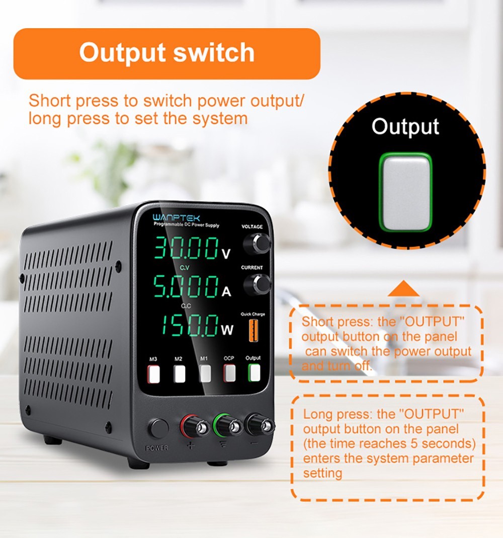 Wanptek APS305H Programmable Regulated DC Power Supply, 30V 5A, Storage Memory Function, Encoder Adjustment, USB Fast Charge, 4-Digit Display, Low Ripple, Cooling Fan Black - EU Plug