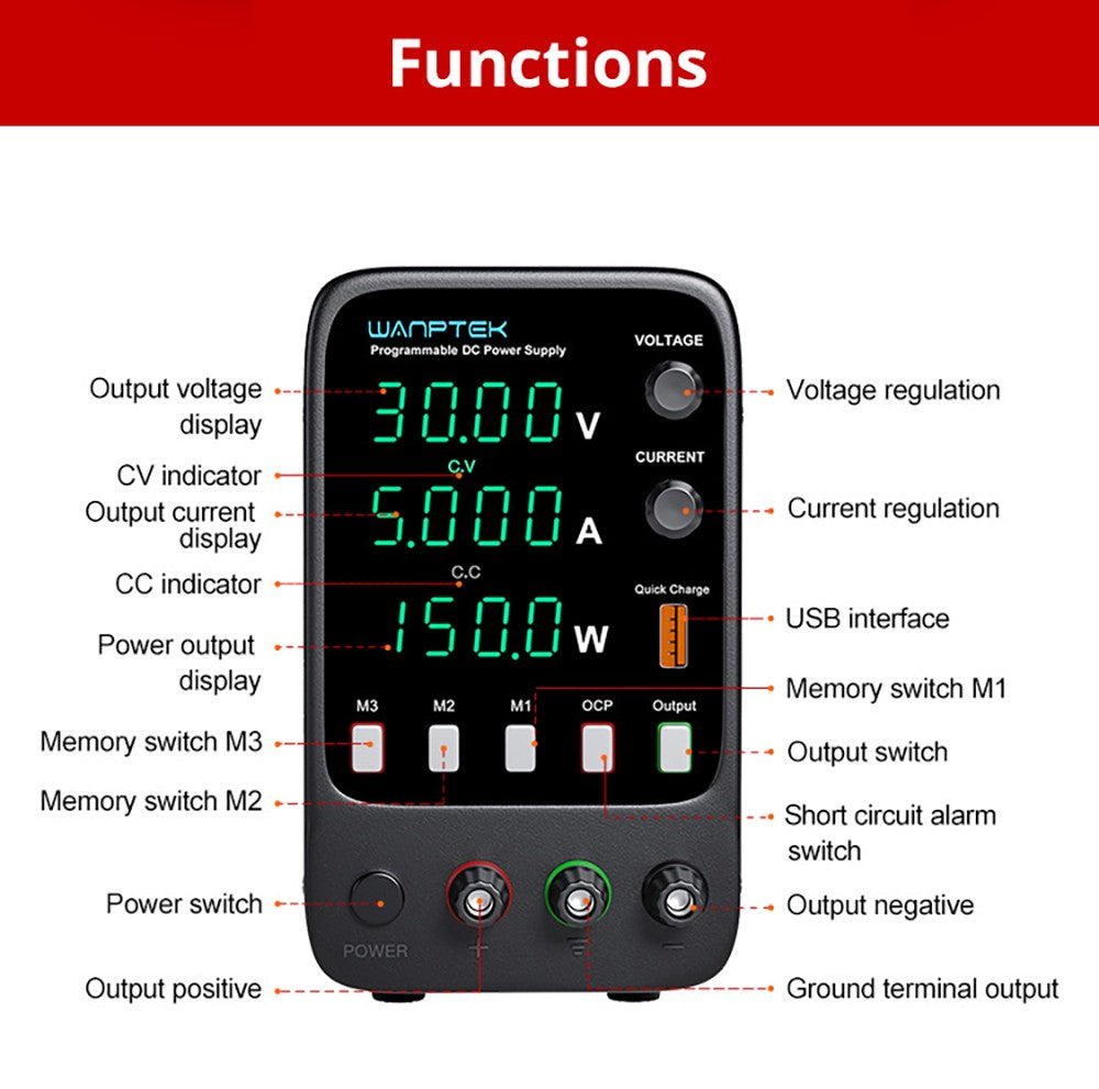 Wanptek APS305H Programmable Regulated DC Power Supply, 30V 5A, Storage Memory Function, Encoder Adjustment, USB Fast Charge, 4-Digit Display, Low Ripple, Cooling Fan Black - EU Plug