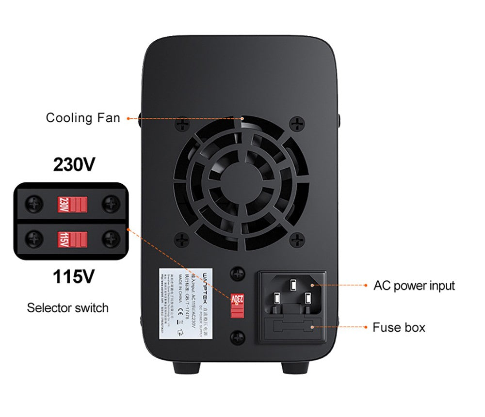Wanptek APS305H Programmable Regulated DC Power Supply, 30V 5A, Storage Memory Function, Encoder Adjustment, USB Fast Charge, 4-Digit Display, Low Ripple, Cooling Fan Black - EU Plug