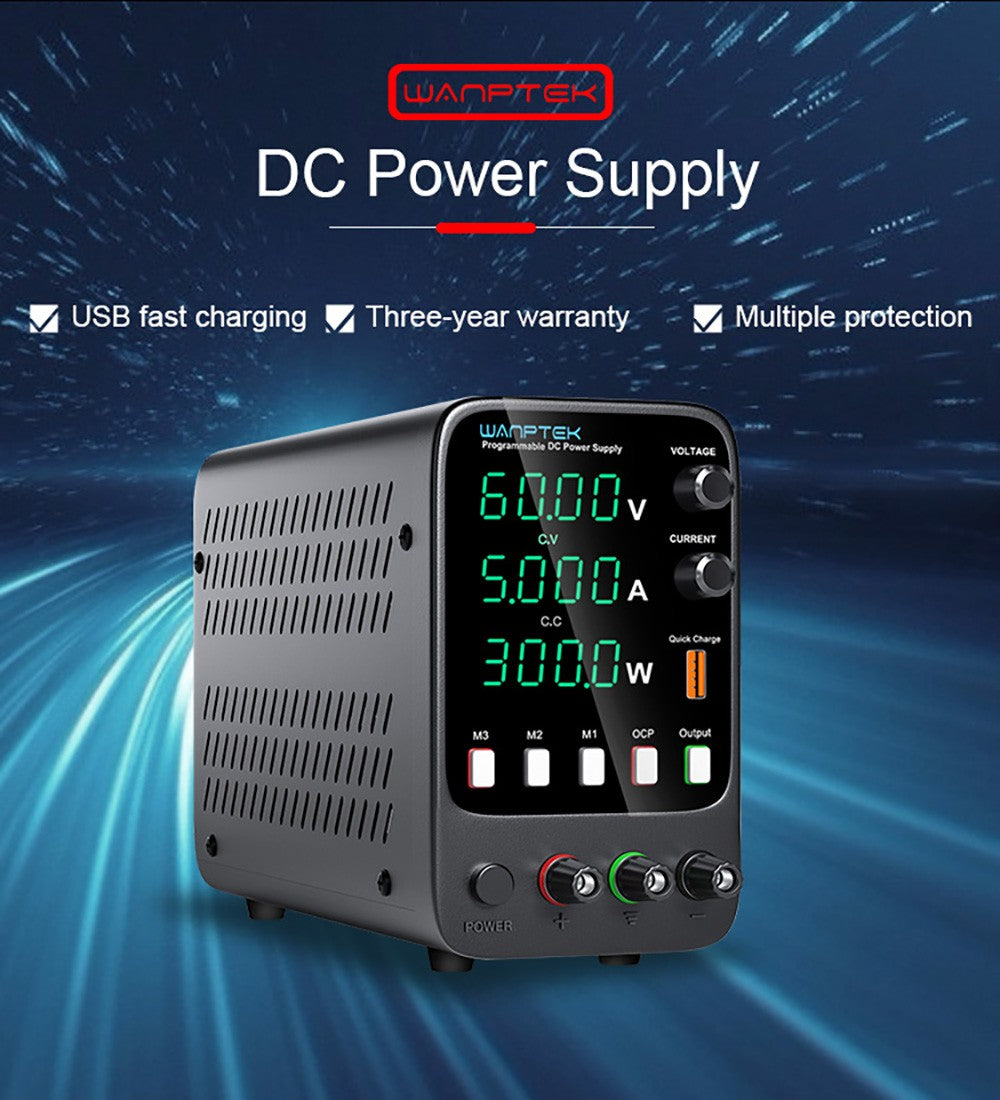 WANPTEK APS605H Programmable Regulated DC Power Supply, 60V 5A, Storage Memory Function, Encoder Adjustment, USB Fast Charge, 4-Digit Display, Low Ripple, Cooling Fan - EU Plug