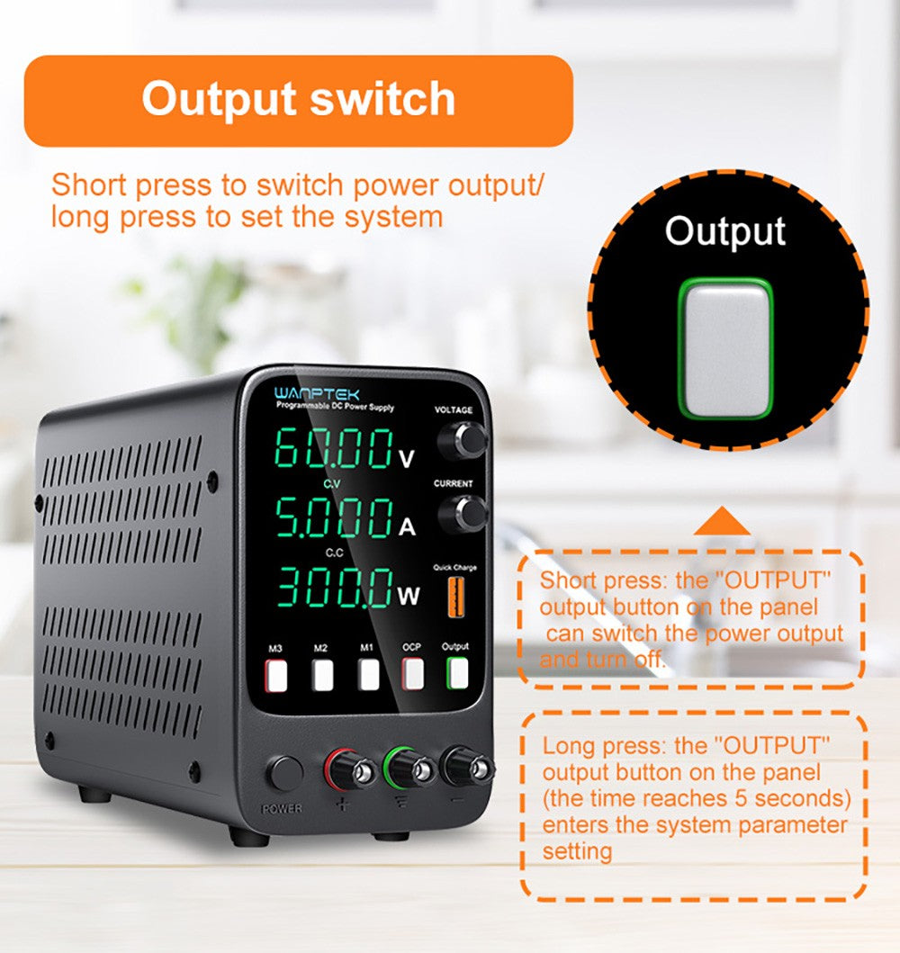 WANPTEK APS605H Programmable Regulated DC Power Supply, 60V 5A, Storage Memory Function, Encoder Adjustment, USB Fast Charge, 4-Digit Display, Low Ripple, Cooling Fan - EU Plug