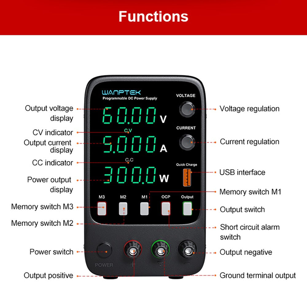 WANPTEK APS605H Programmable Regulated DC Power Supply, 60V 5A, Storage Memory Function, Encoder Adjustment, USB Fast Charge, 4-Digit Display, Low Ripple, Cooling Fan - EU Plug