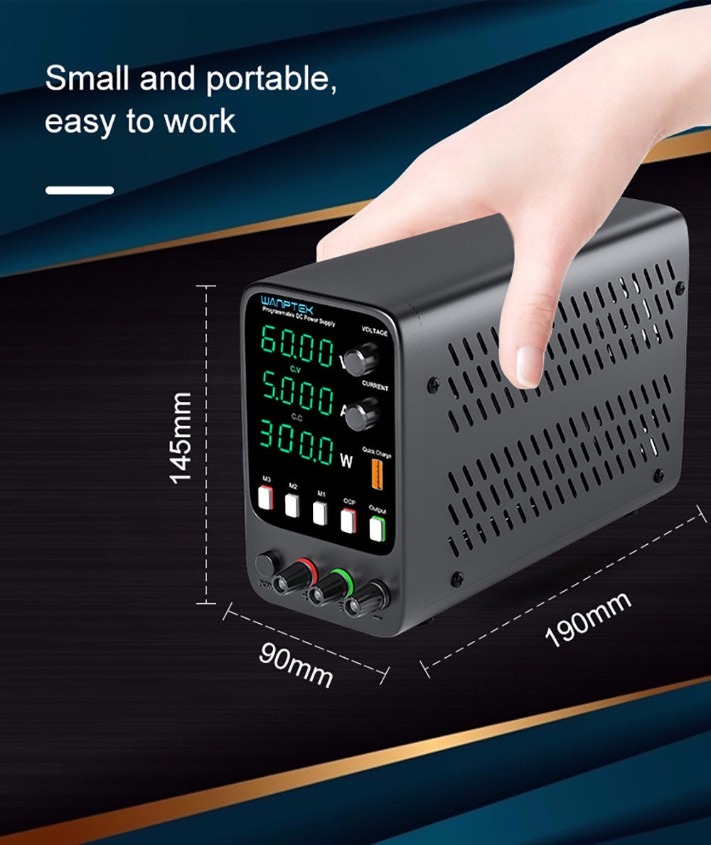 WANPTEK APS605H Programmable Regulated DC Power Supply, 60V 5A, Storage Memory Function, Encoder Adjustment, USB Fast Charge, 4-Digit Display, Low Ripple, Cooling Fan - EU Plug