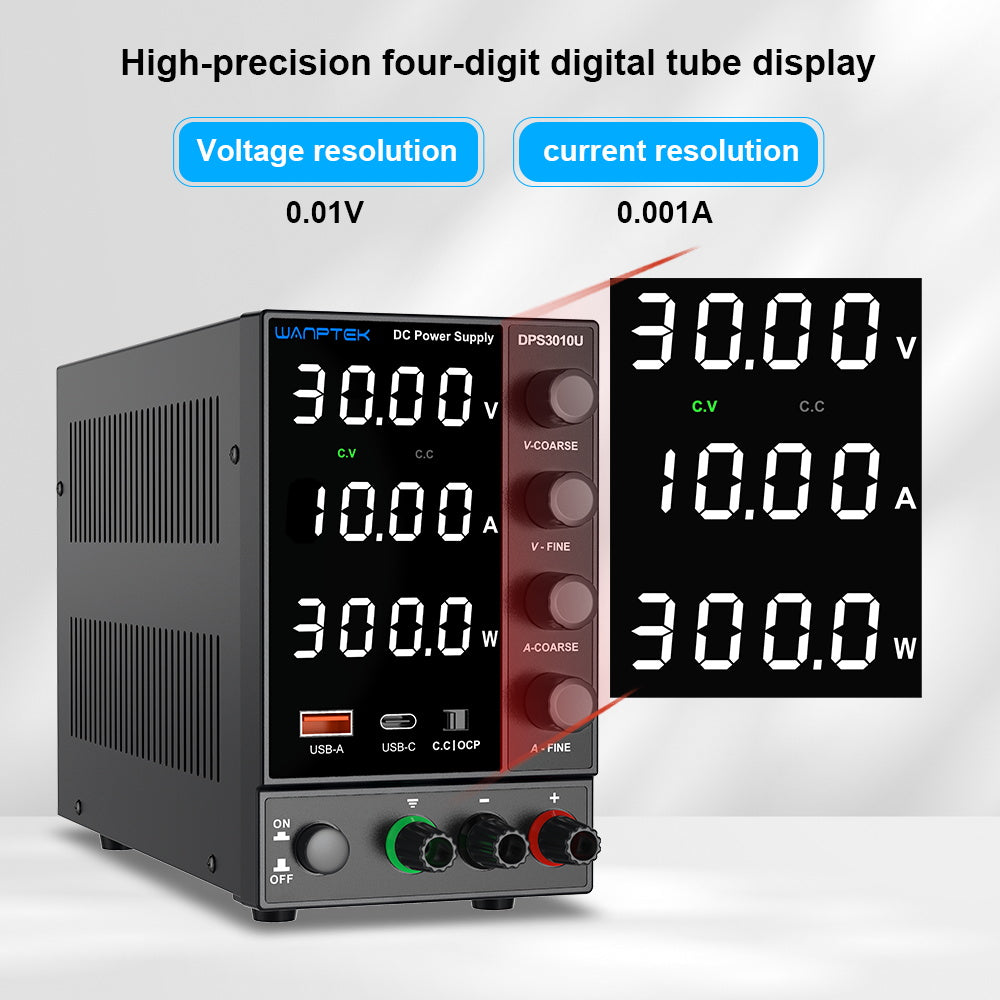 WANPTEK DPS3010U Solid-state Adjustable Regulated DC Power Supply, 30V 10A, Encoder Adjustment, USB Type-C Fast Charge, 4-Digit Display, Low Ripple, Low Noise, Cooling Fan Black - UK Plug