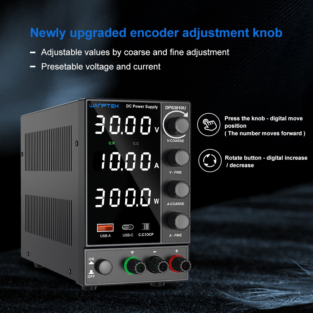 WANPTEK DPS3010U Solid-state Adjustable Regulated DC Power Supply, 30V 10A, Encoder Adjustment, USB Type-C Fast Charge, 4-Digit Display, Low Ripple, Low Noise, Cooling Fan Black - UK Plug