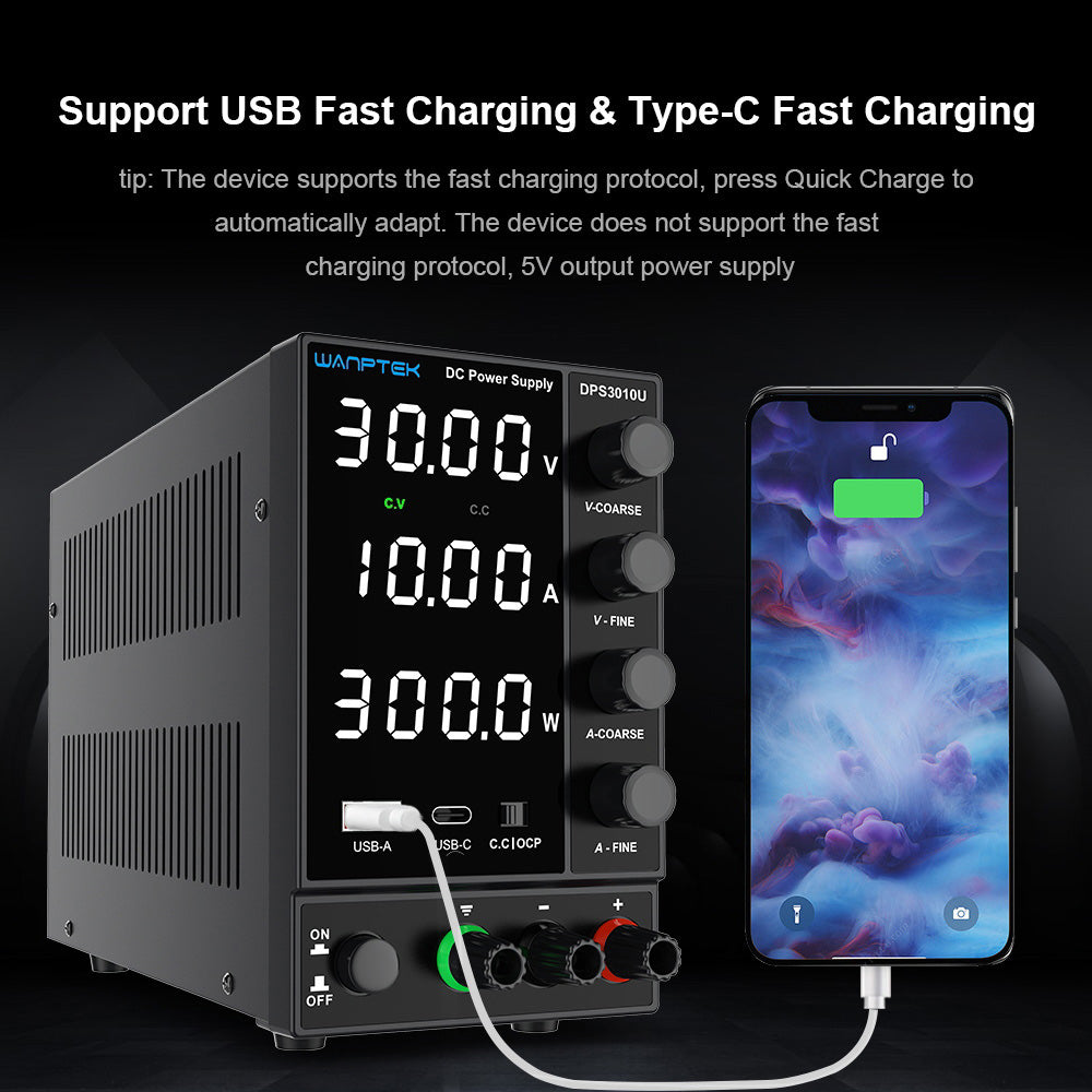 WANPTEK DPS3010U Solid-state Adjustable Regulated DC Power Supply, 30V 10A, Encoder Adjustment, USB Type-C Fast Charge, 4-Digit Display, Low Ripple, Low Noise, Cooling Fan Black - UK Plug