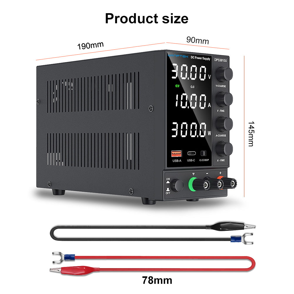 WANPTEK DPS3010U Solid-state Adjustable Regulated DC Power Supply, 30V 10A, Encoder Adjustment, USB Type-C Fast Charge, 4-Digit Display, Low Ripple, Low Noise, Cooling Fan Black - UK Plug