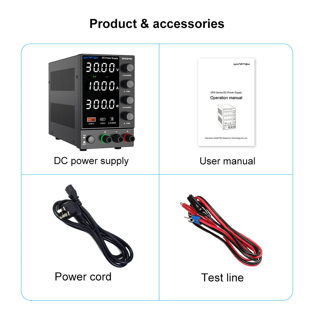 WANPTEK DPS3010U Solid-state Adjustable Regulated DC Power Supply, 30V 10A, Encoder Adjustment, USB Type-C Fast Charge, 4-Digit Display, Low Ripple, Low Noise, Cooling Fan Black - UK Plug