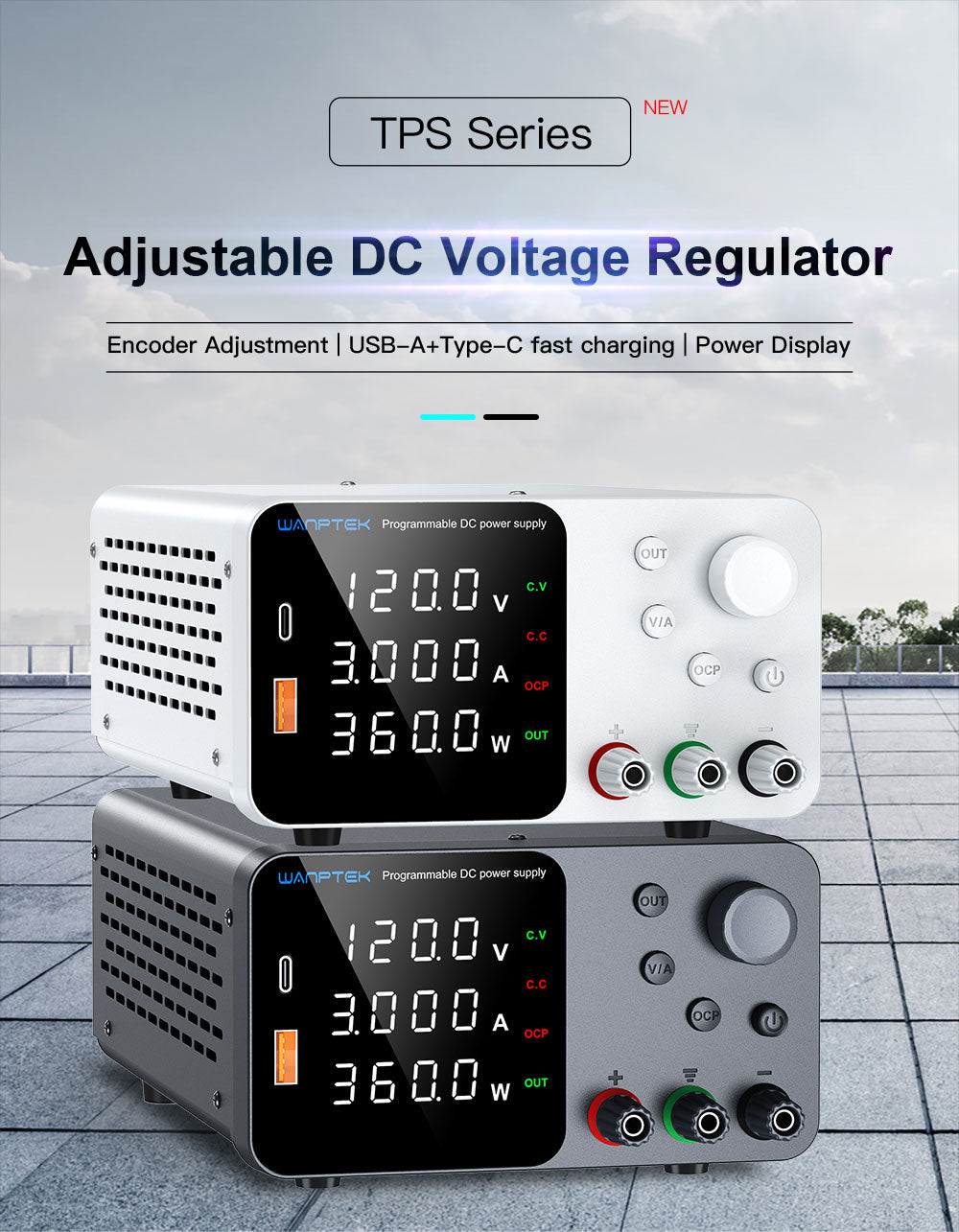 WANPTEK TPS1203 Adjustable Regulated DC Power Supply, 60V 5A, Encoder Adjustment, USB Type-C Fast Charging, 4-Digit Display, Low Noise, A/V Switching, Cooling Fan Black - EU Plug