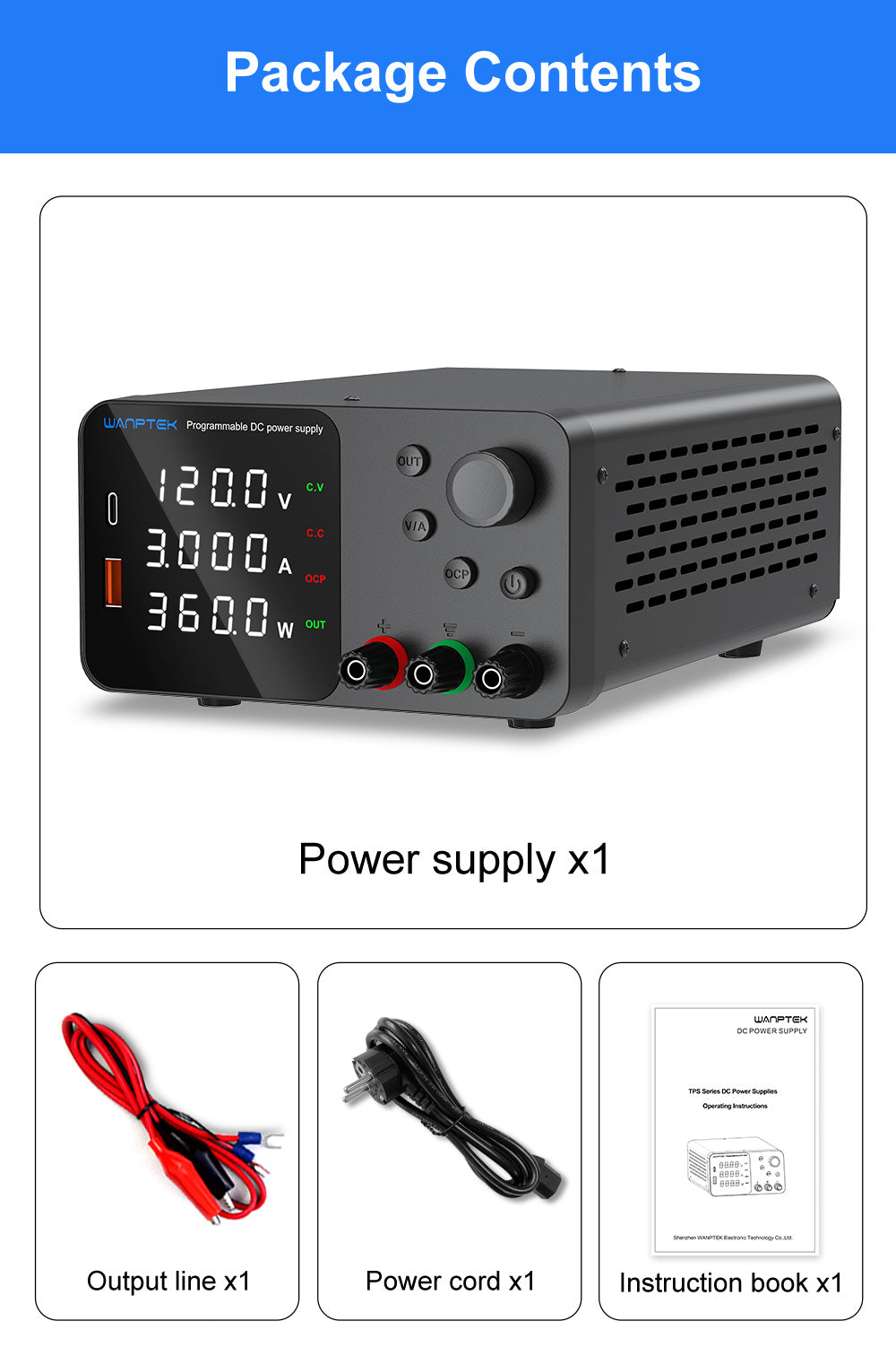 WANPTEK TPS1203 Adjustable Regulated DC Power Supply, 60V 5A, Encoder Adjustment, USB Type-C Fast Charging, 4-Digit Display, Low Noise, A/V Switching, Cooling Fan Black - EU Plug
