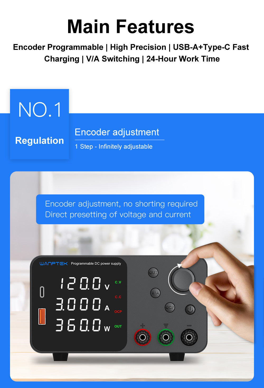 WANPTEK TPS1203 Adjustable Regulated DC Power Supply, 60V 5A, Encoder Adjustment, USB Type-C Fast Charging, 4-Digit Display, Low Noise, A/V Switching, Cooling Fan Black - EU Plug