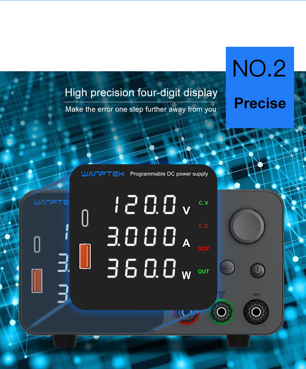 WANPTEK TPS1203 Adjustable Regulated DC Power Supply, 60V 5A, Encoder Adjustment, USB Type-C Fast Charging, 4-Digit Display, Low Noise, A/V Switching, Cooling Fan Black - EU Plug