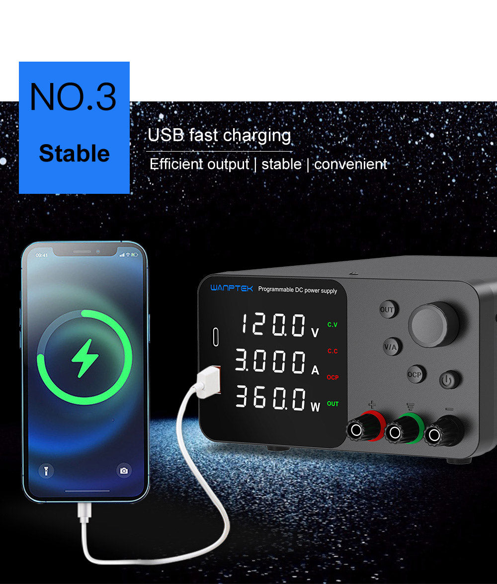 WANPTEK TPS1203 Adjustable Regulated DC Power Supply, 120V 3A, Encoder Adjustment, USB Type-C Fast Charging, 4-Digit Display, Low Noise, A/V Switching, Cooling Fan Black - EU Plug