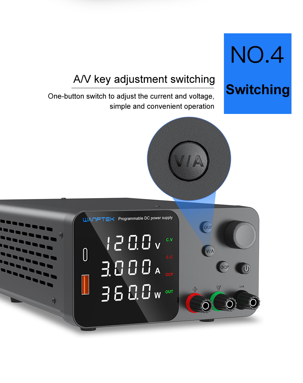 WANPTEK TPS1203 Adjustable Regulated DC Power Supply, 60V 5A, Encoder Adjustment, USB Type-C Fast Charging, 4-Digit Display, Low Noise, A/V Switching, Cooling Fan Black - EU Plug