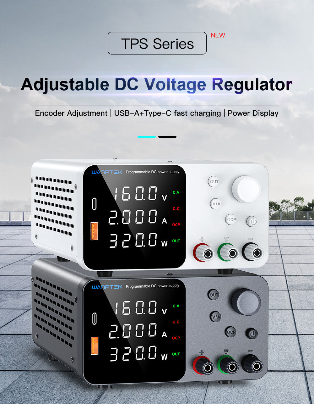 WANPTEK TPS1602 Adjustable Regulated DC Power Supply, 160V 2A, Encoder Adjustment, USB Type-C Fast Charging, 4-Digit Display, Low Noise, A/V Switching, Cooling Fan White - UK Plug