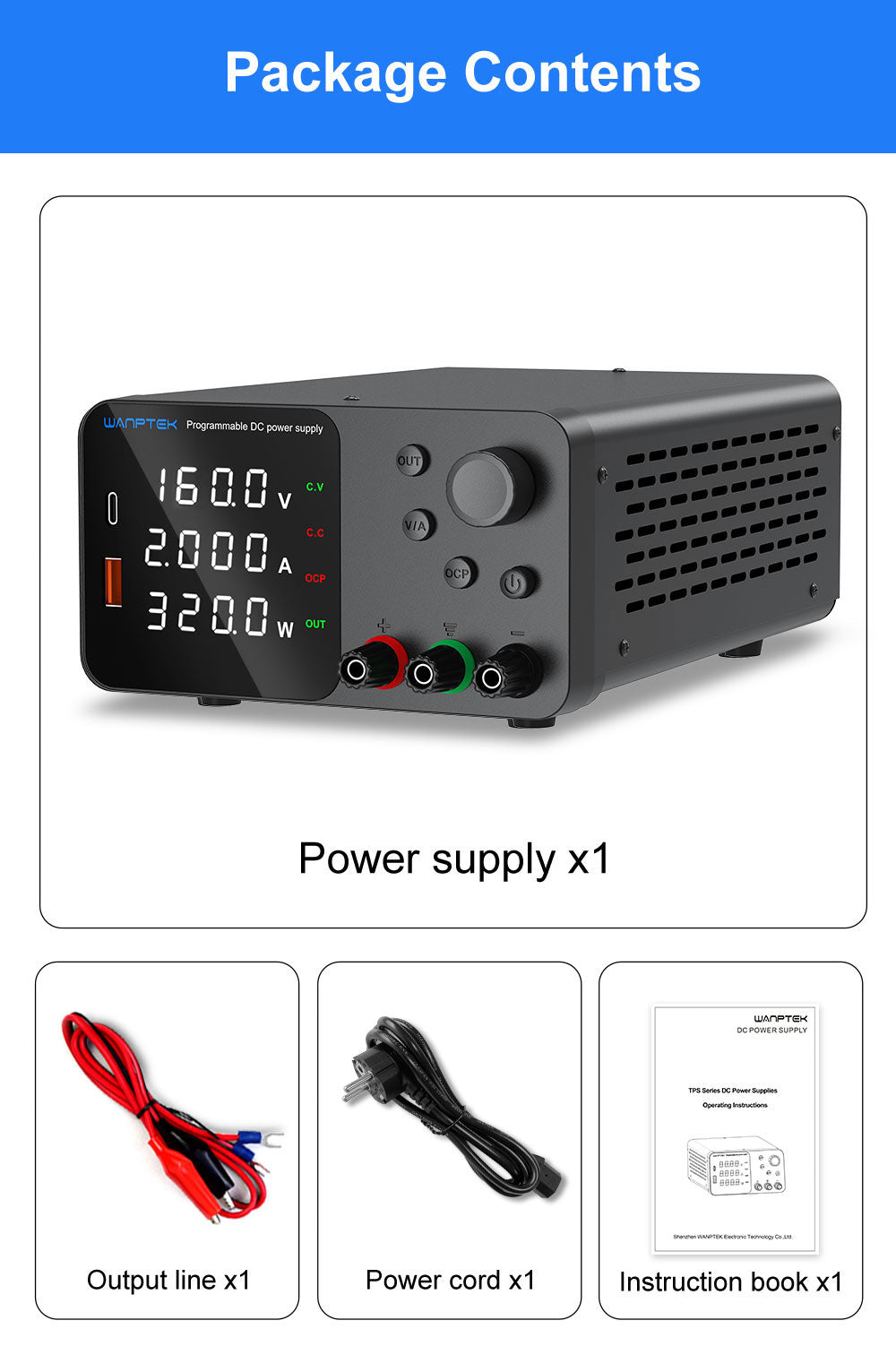 WANPTEK TPS1602 Adjustable Regulated DC Power Supply, 160V 2A, Encoder Adjustment, USB Type-C Fast Charging, 4-Digit Display, Low Noise, A/V Switching, Cooling Fan White - UK Plug