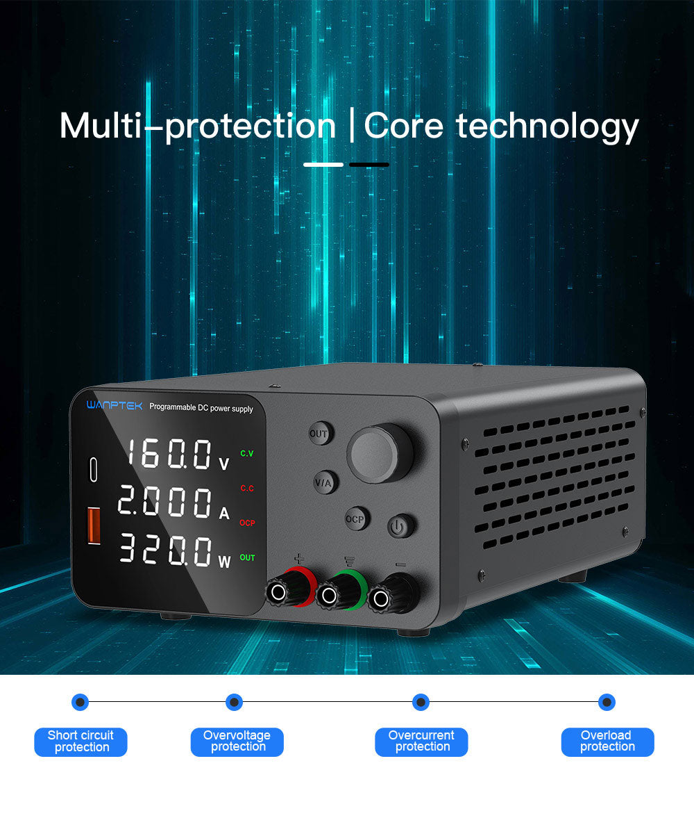 WANPTEK TPS1602 Adjustable Regulated DC Power Supply, 160V 2A, Encoder Adjustment, USB Type-C Fast Charging, 4-Digit Display, Low Noise, A/V Switching, Cooling Fan White - UK Plug