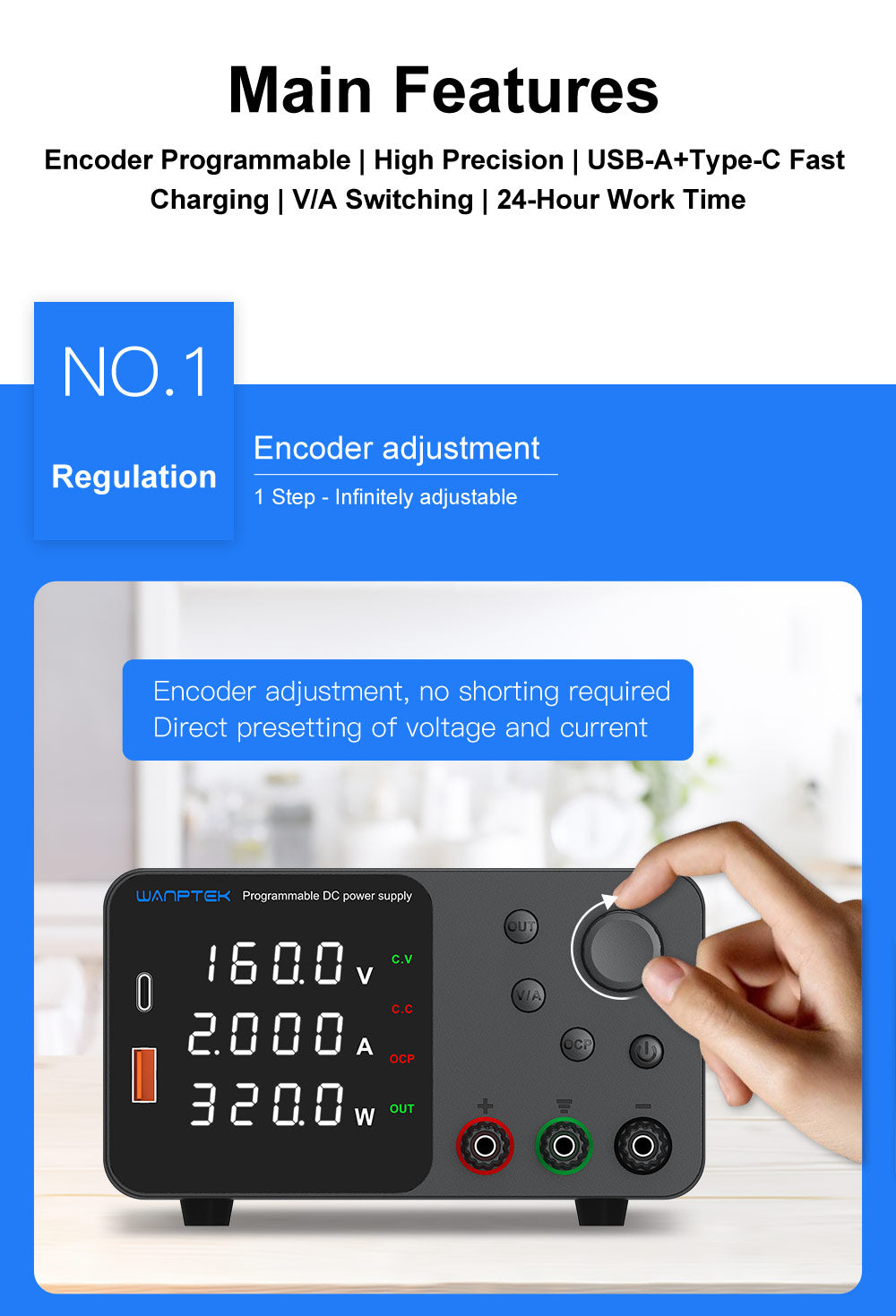 WANPTEK TPS1602 Adjustable Regulated DC Power Supply, 160V 2A, Encoder Adjustment, USB Type-C Fast Charging, 4-Digit Display, Low Noise, A/V Switching, Cooling Fan White - UK Plug