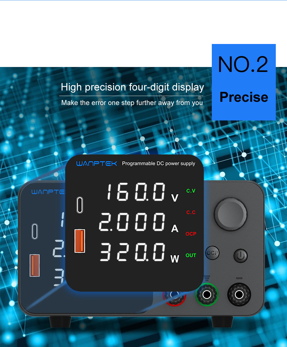 WANPTEK TPS1602 Adjustable Regulated DC Power Supply, 160V 2A, Encoder Adjustment, USB Type-C Fast Charging, 4-Digit Display, Low Noise, A/V Switching, Cooling Fan White - UK Plug