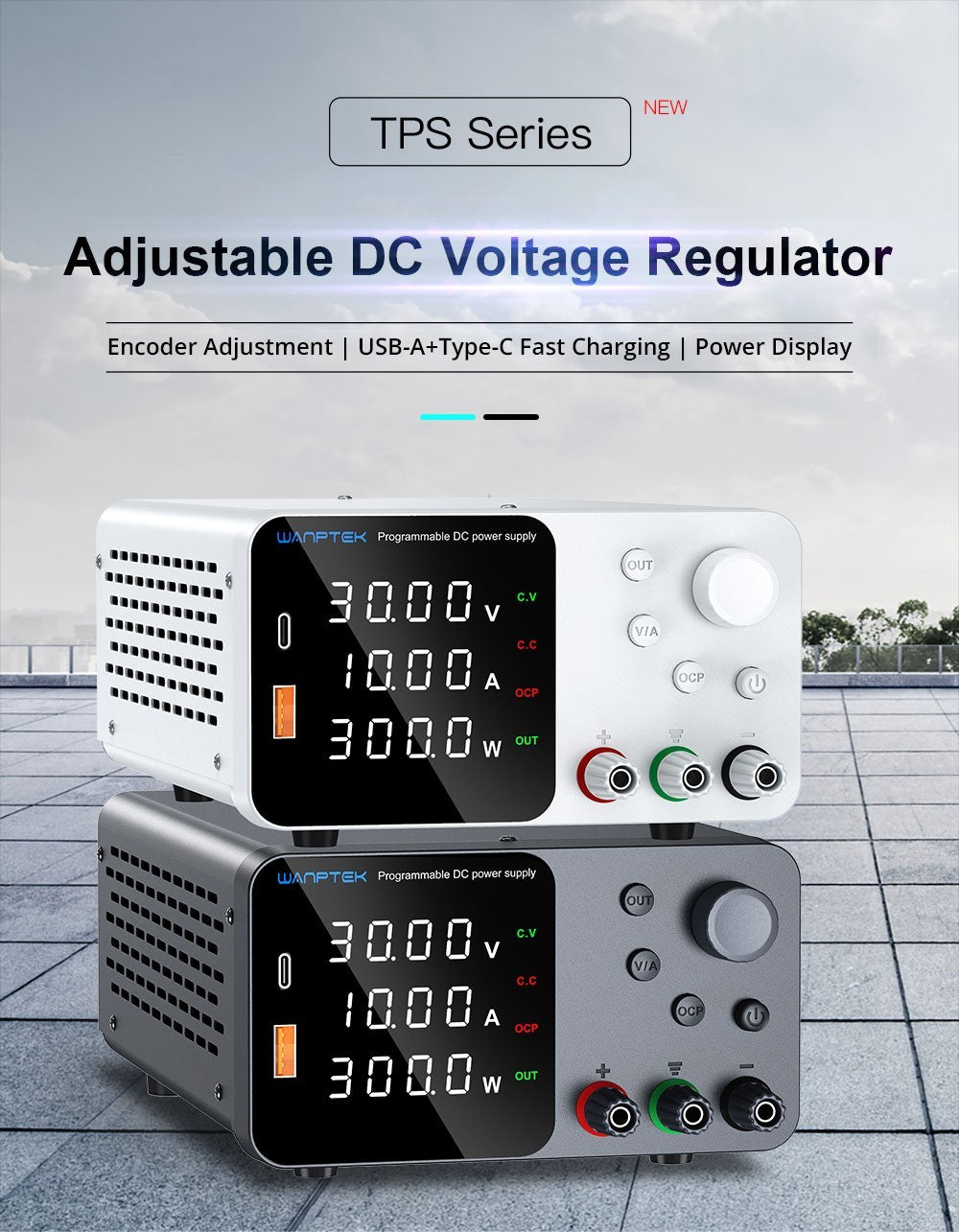 WANPTEK TPS3010 Adjustable Regulated DC Power Supply, 30V 10A, Encoder Adjustment, USB Type-C Fast Charge, 4-Digit Display, Low Noise, A/V Switching, Cooling Fan White - UK Plug