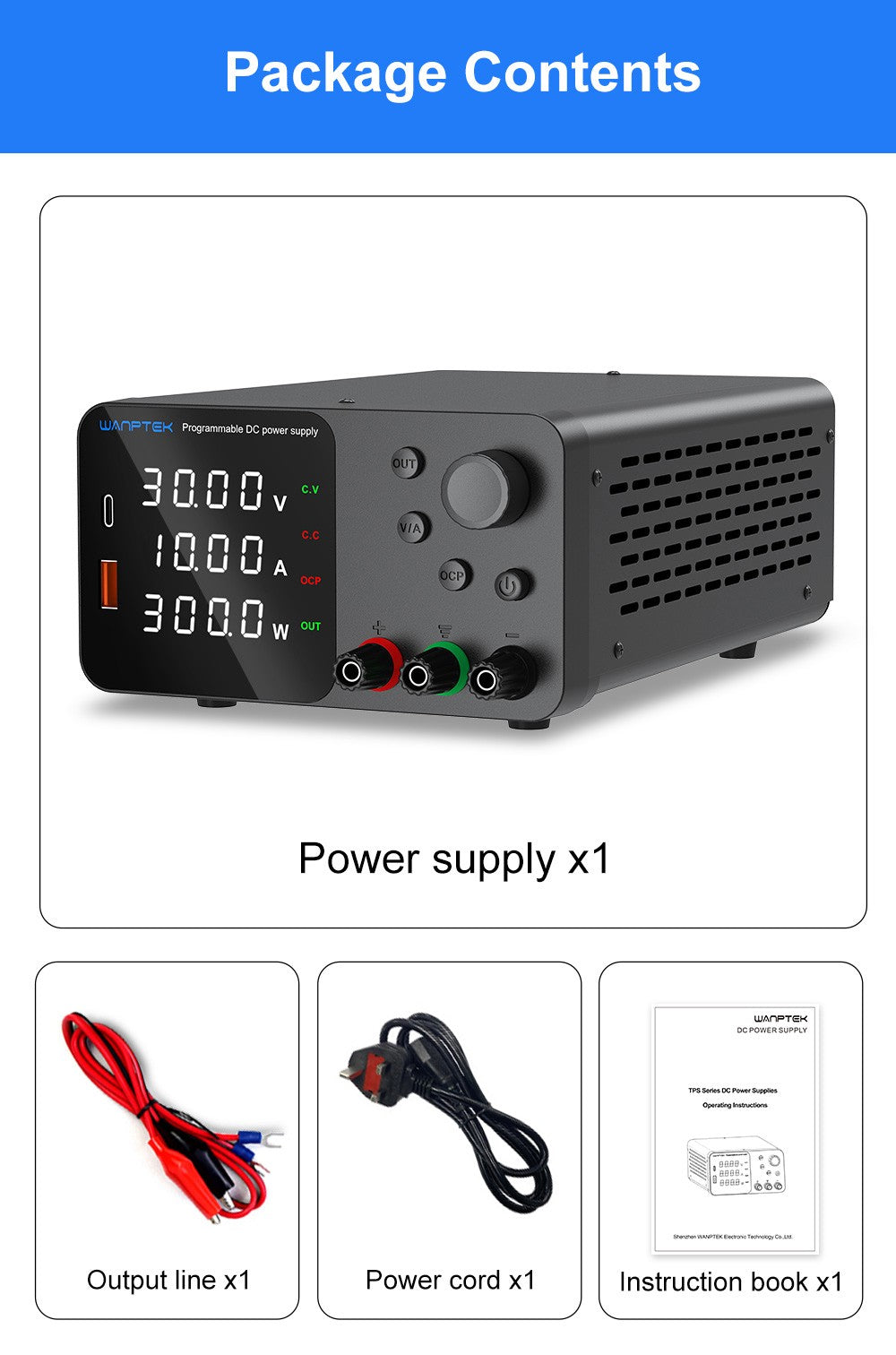 WANPTEK TPS3010 Adjustable Regulated DC Power Supply, 30V 10A, Encoder Adjustment, USB Type-C Fast Charge, 4-Digit Display, Low Noise, A/V Switching, Cooling Fan White - UK Plug