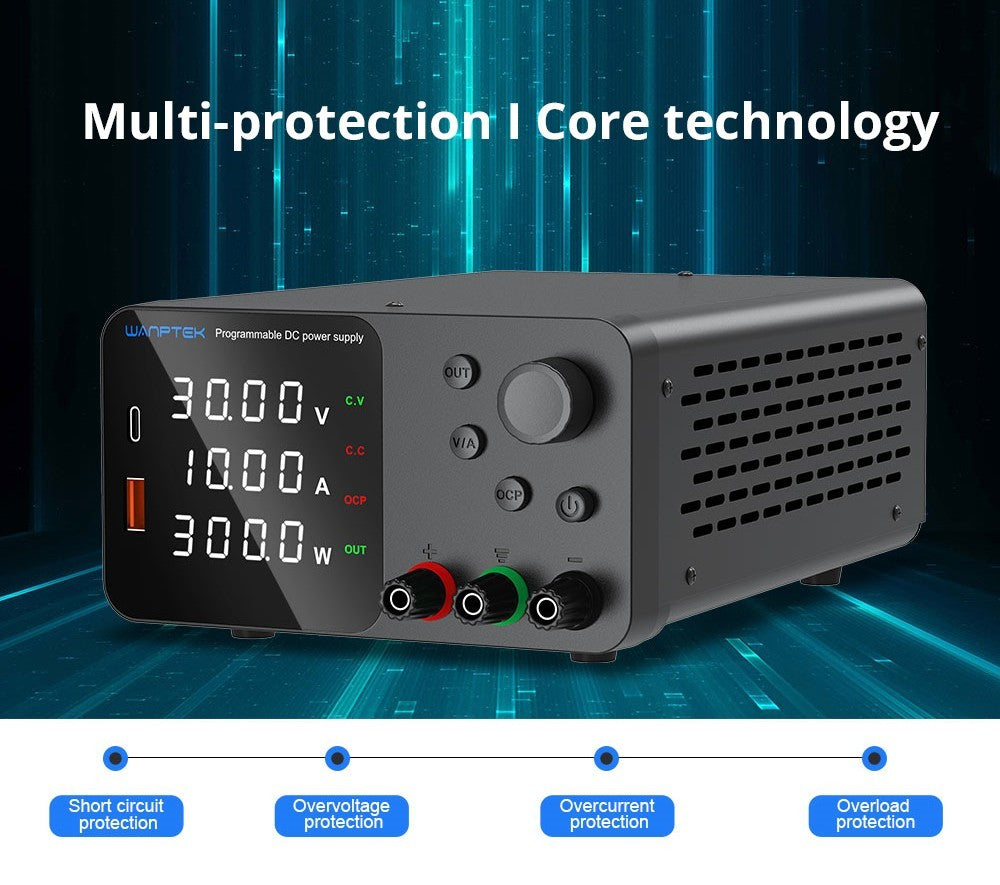 WANPTEK TPS3010 Adjustable Regulated DC Power Supply, 30V 10A, Encoder Adjustment, USB Type-C Fast Charge, 4-Digit Display, Low Noise, A/V Switching, Cooling Fan White - UK Plug