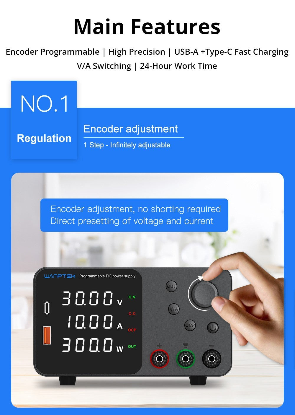 WANPTEK TPS3010 Adjustable Regulated DC Power Supply, 30V 10A, Encoder Adjustment, USB Type-C Fast Charge, 4-Digit Display, Low Noise, A/V Switching, Cooling Fan White - UK Plug