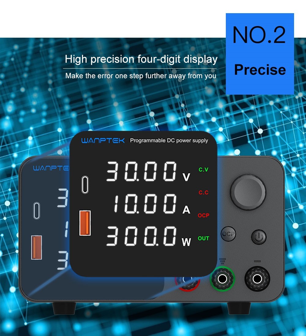 WANPTEK TPS3010 Adjustable Regulated DC Power Supply, 30V 10A, Encoder Adjustment, USB Type-C Fast Charge, 4-Digit Display, Low Noise, A/V Switching, Cooling Fan White - UK Plug