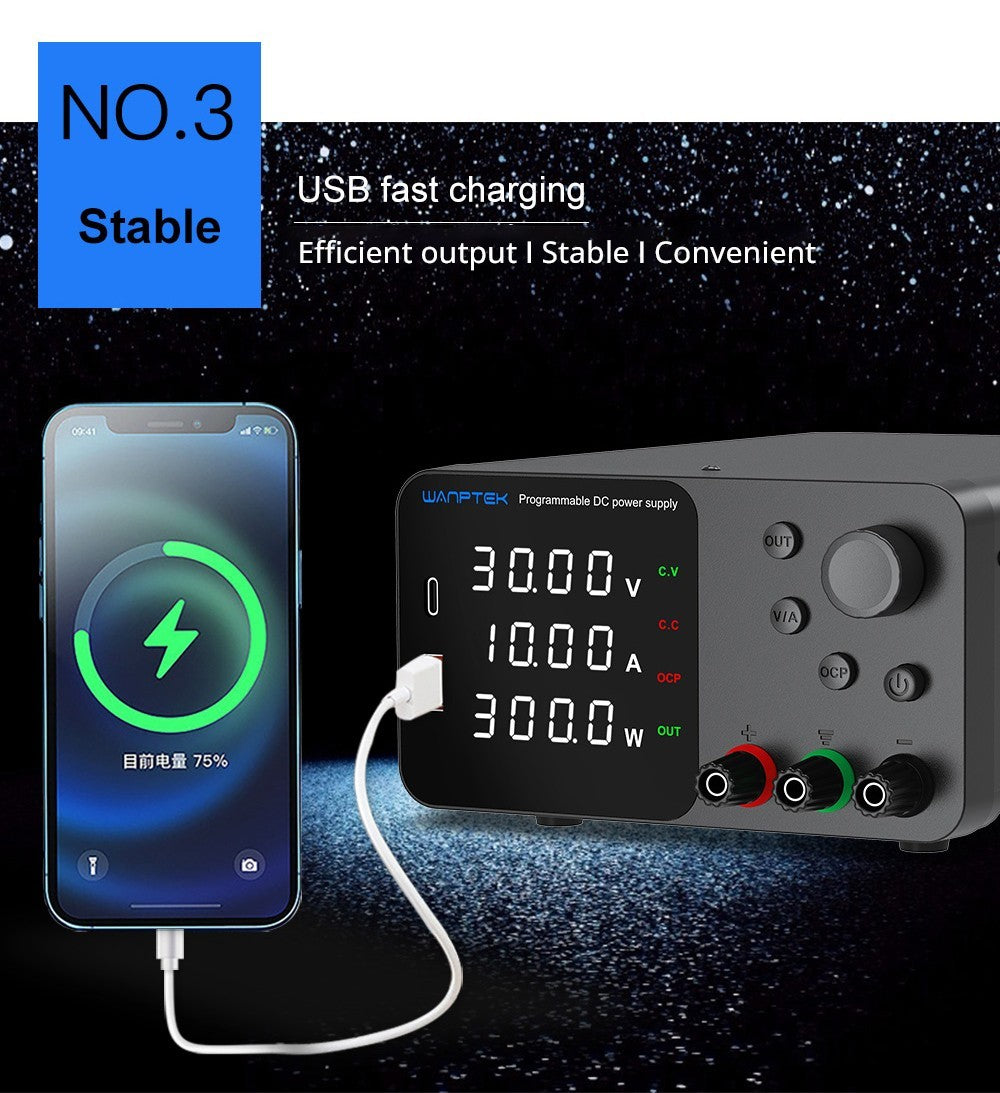 WANPTEK TPS3010 Adjustable Regulated DC Power Supply, 30V 10A, Encoder Adjustment, USB Type-C Fast Charge, 4-Digit Display, Low Noise, A/V Switching, Cooling Fan White - UK Plug