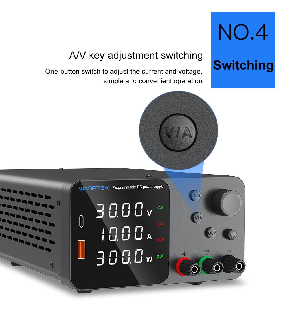 WANPTEK TPS3010 Adjustable Regulated DC Power Supply, 30V 10A, Encoder Adjustment, USB Type-C Fast Charge, 4-Digit Display, Low Noise, A/V Switching, Cooling Fan White - UK Plug