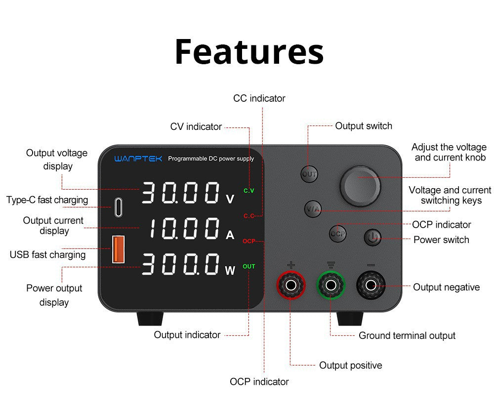 WANPTEK TPS3010 Adjustable Regulated DC Power Supply, 30V 10A, Encoder Adjustment, USB Type-C Fast Charge, 4-Digit Display, Low Noise, A/V Switching, Cooling Fan White - UK Plug
